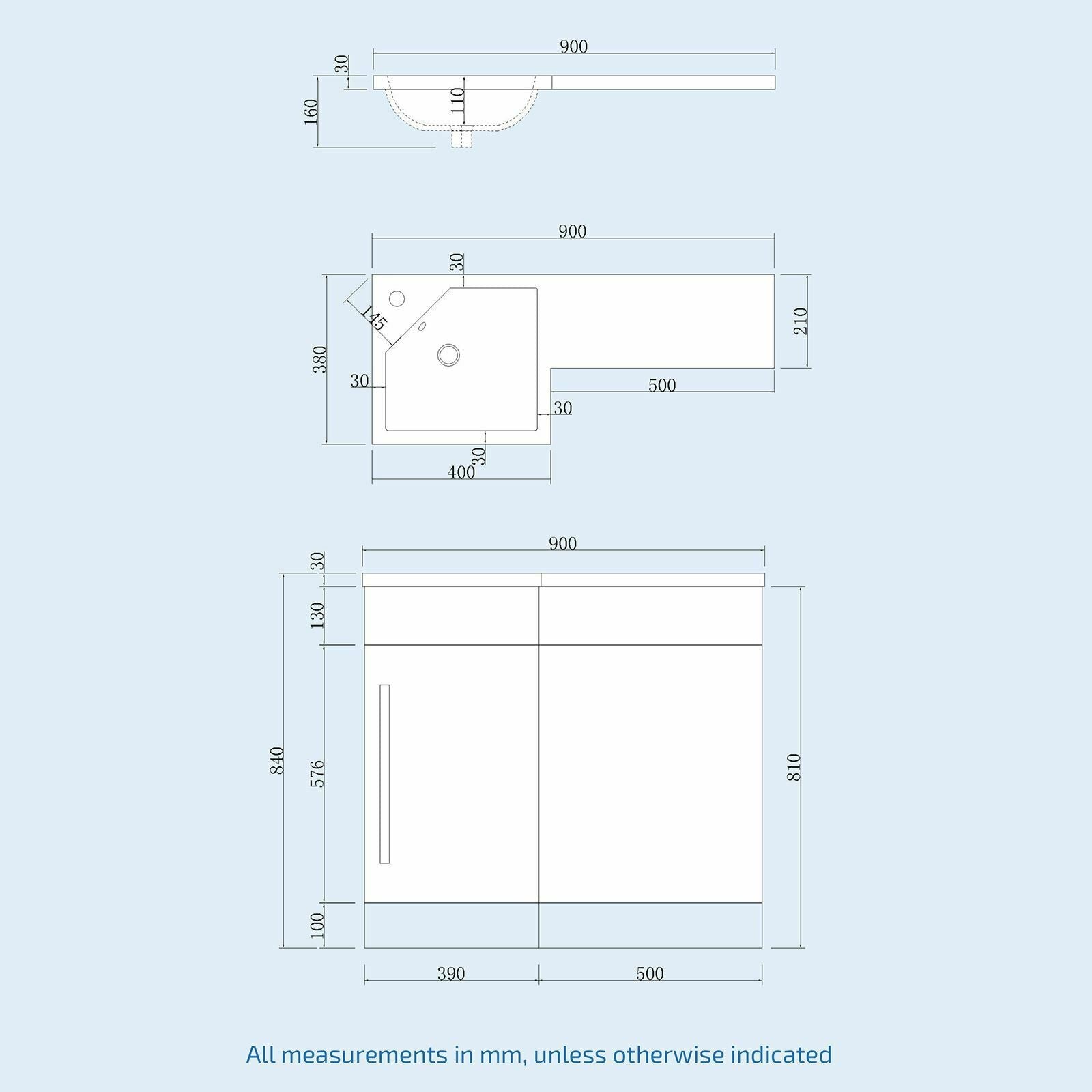 Alaska Grey 900mm Cloakroom LH WC Vanity Unit Cabinet Rimless Toilet