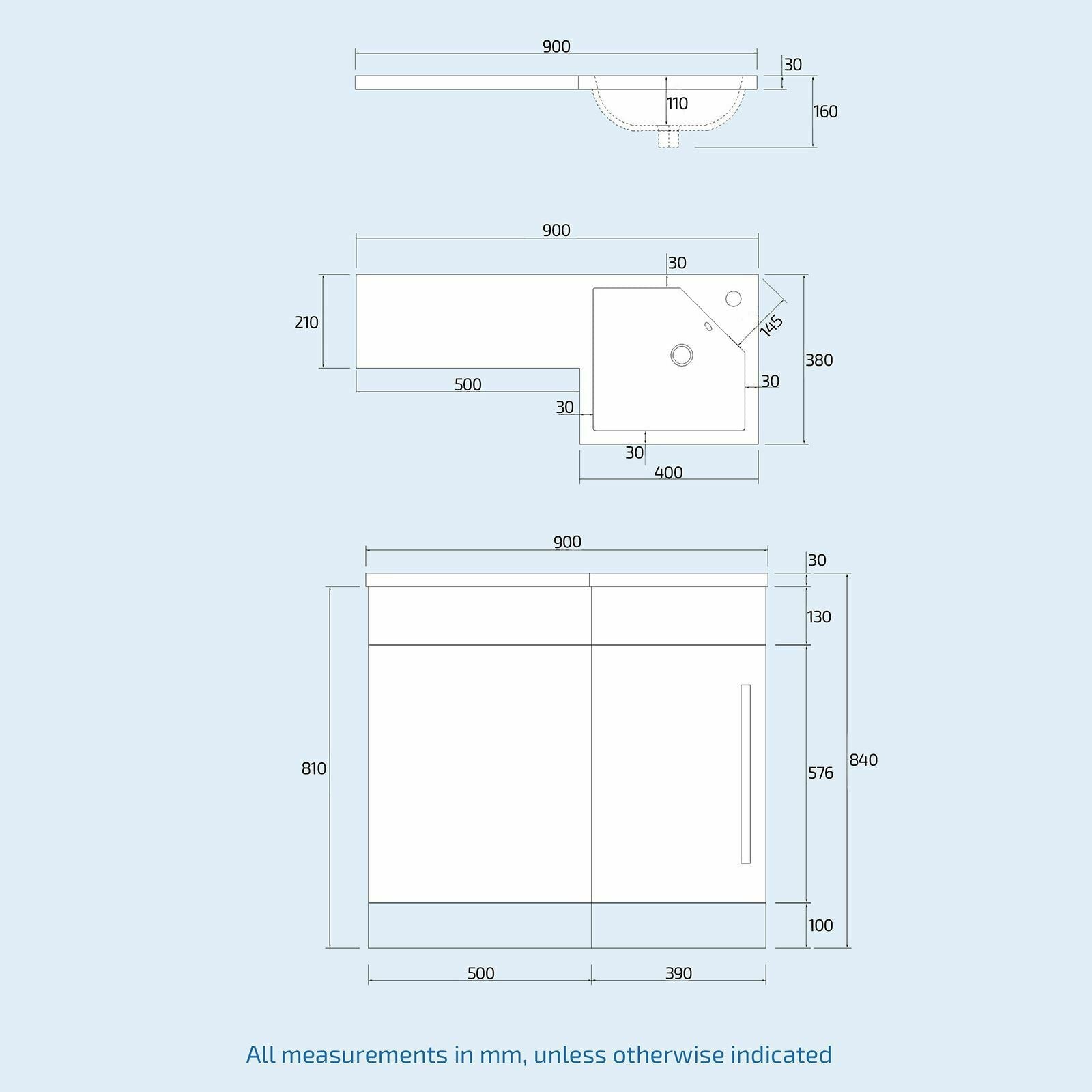 Ellen Grey 900mm Right Hand WC Basin Sink Vanity Unit and Toilet Pan