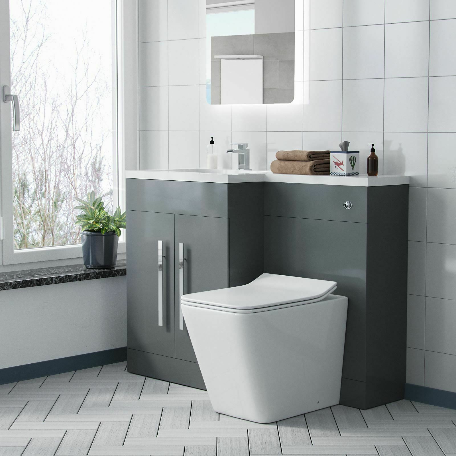 Aric Left Hand 1100mm Vanity Basin Unit, WC Unit & Elora Back To Wall Toilet Grey