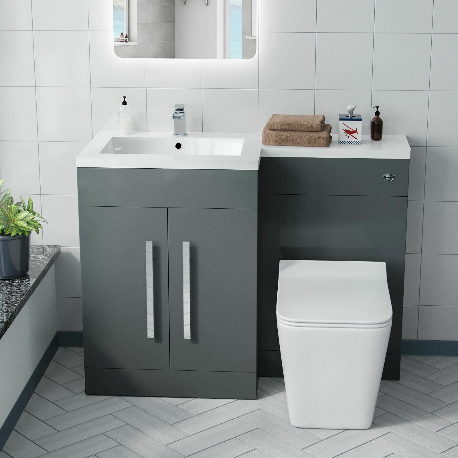 Aric Left Hand 1100mm Vanity Basin Unit, WC Unit & Elora Back To Wall Toilet Grey