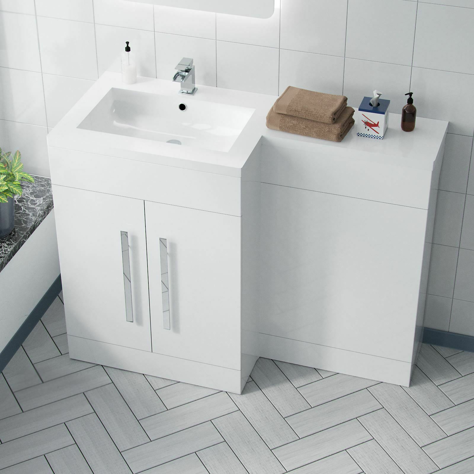 Aric White LH 1100mm Gloss Bathroom Vanity Unit Basin Sink Cabinet Flat Pack