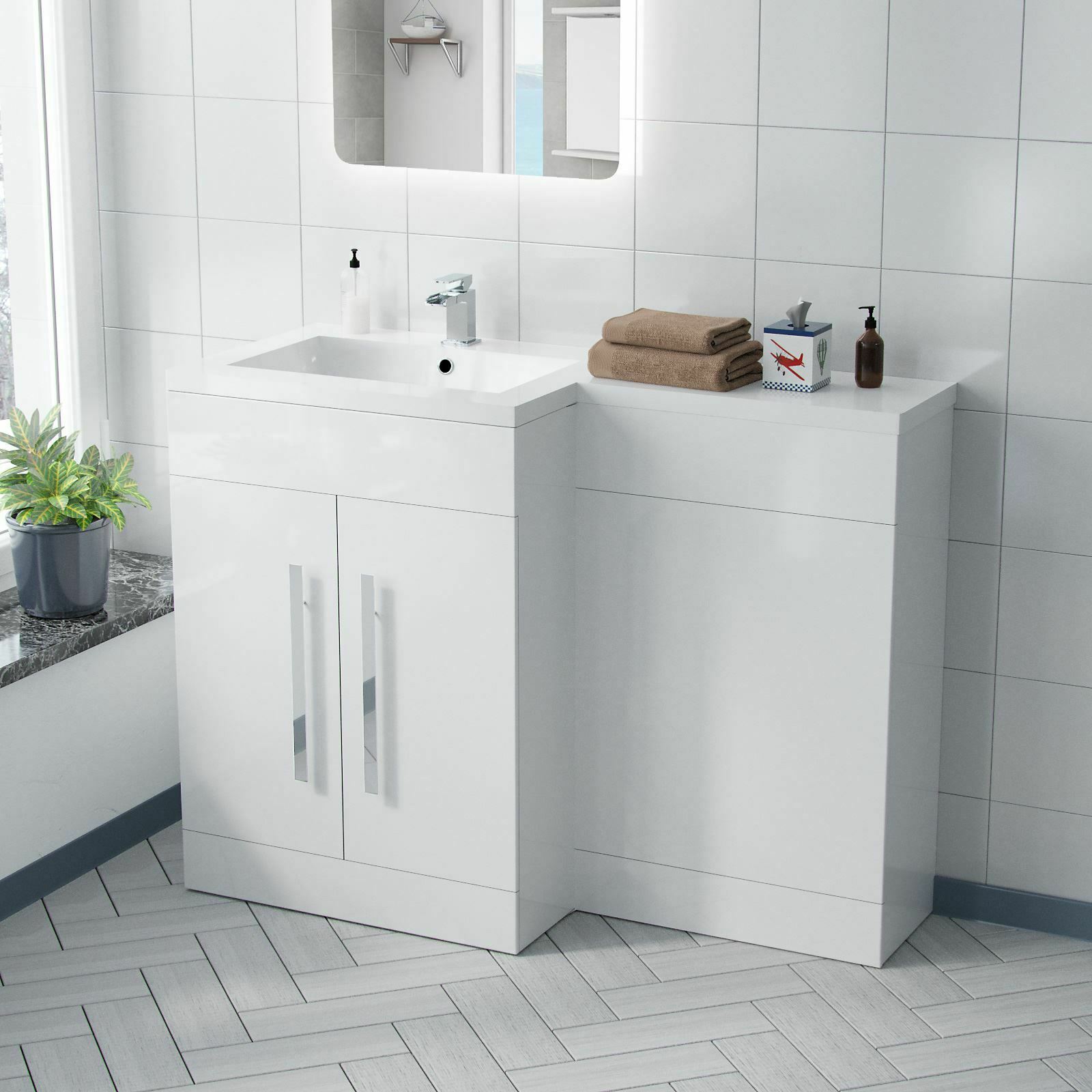 Aric White LH 1100mm Gloss Bathroom Vanity Unit Basin Sink Cabinet Flat Pack