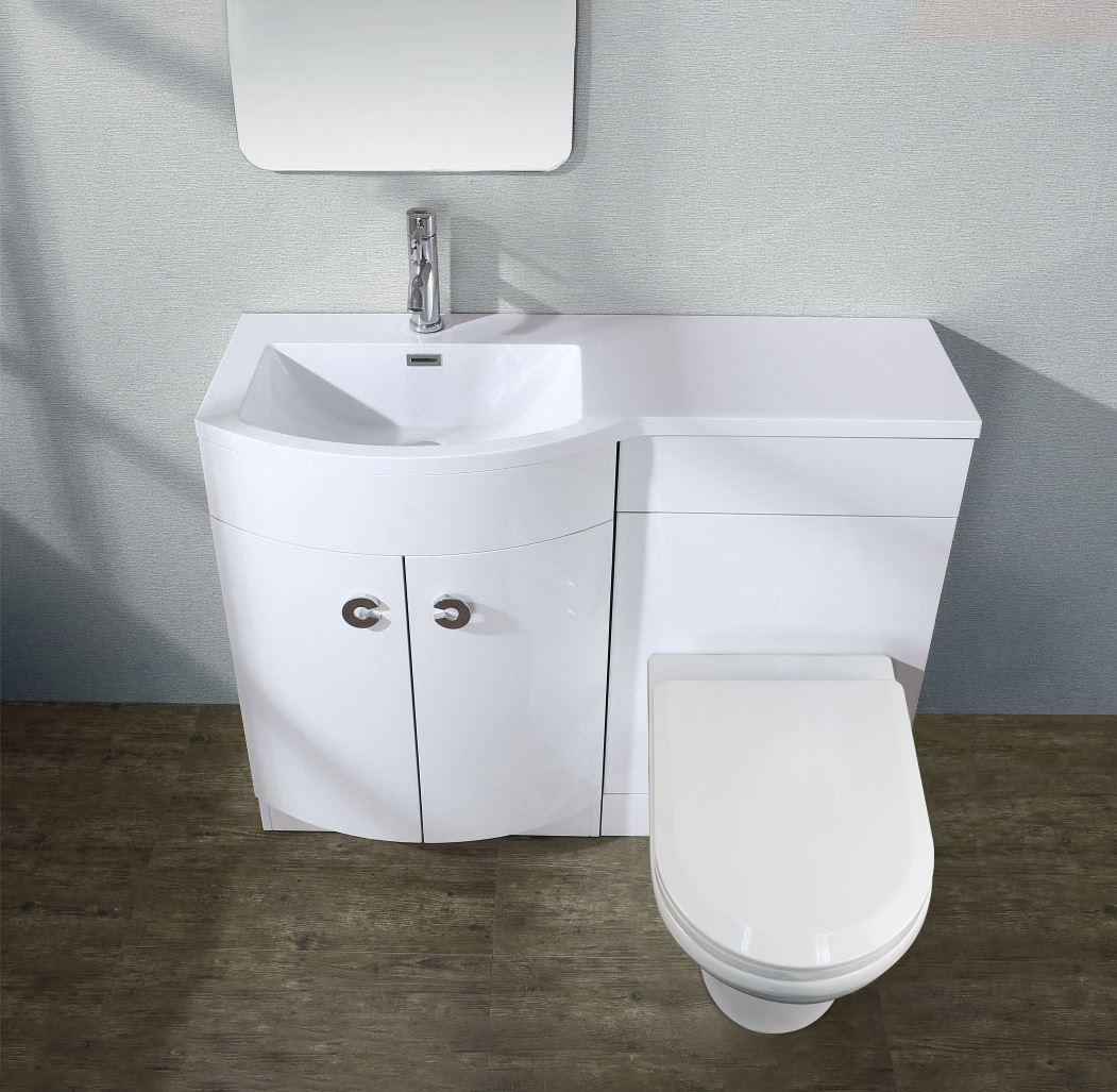 Dene 1100 mm White P Shape Bathroom LH Vanity Suite Unit BTW Toilet White Square