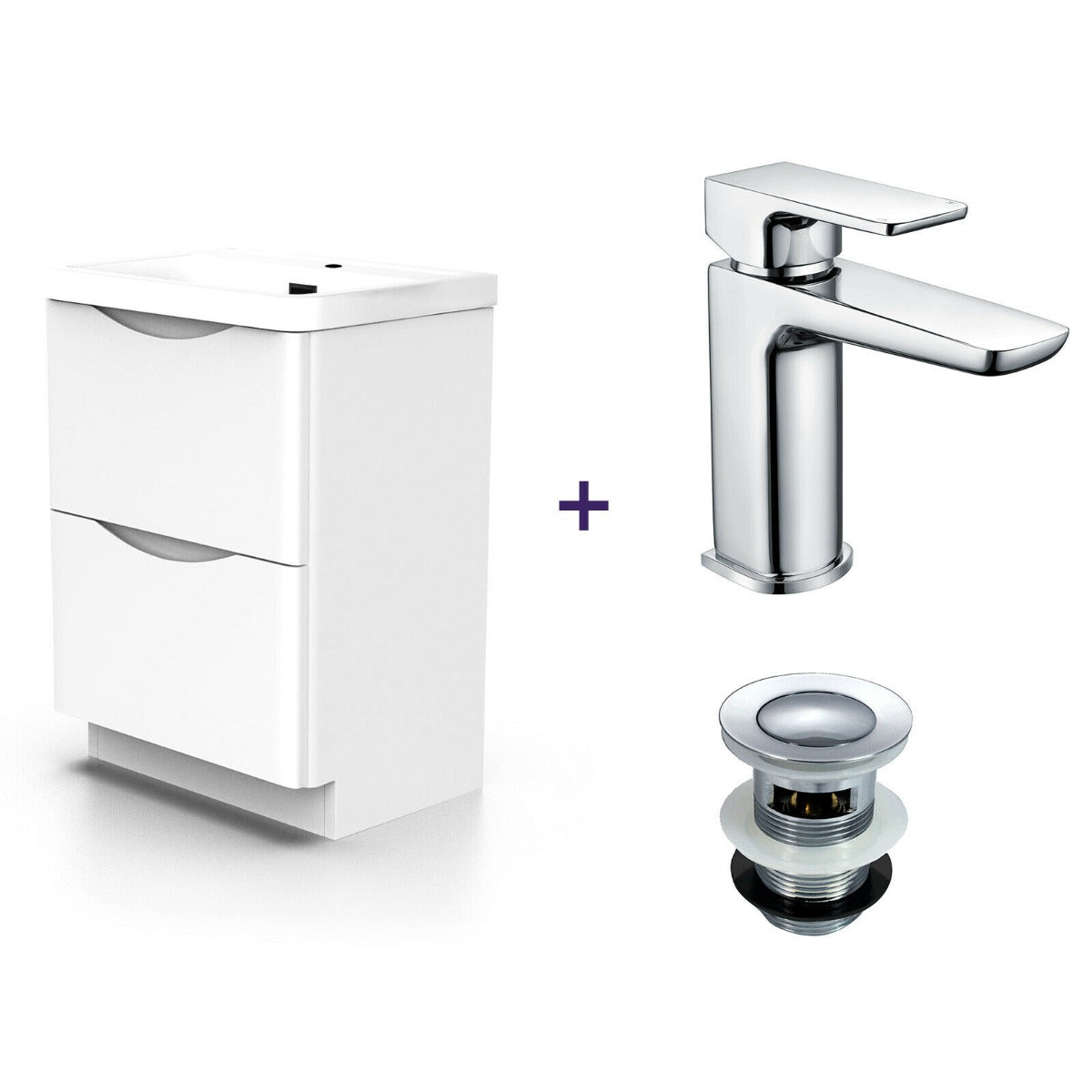 Merton 600mm White Basin Vanity Unit Tap and Tap with Waste Set