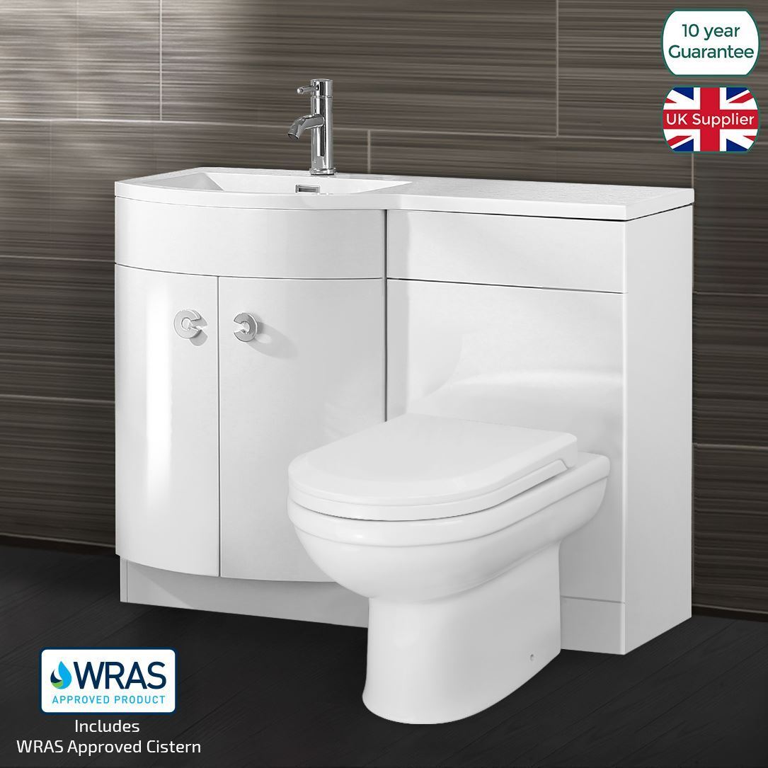 Dene 1100 mm White P Shape Bathroom LH Vanity Suite Unit BTW Toilet White Square