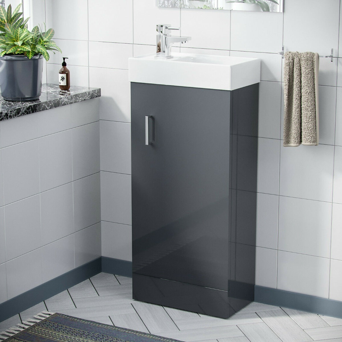 Nanuya 400mm Dark Grey Cloakroom Vanity Basin Unit, Mixer Tap & Waste