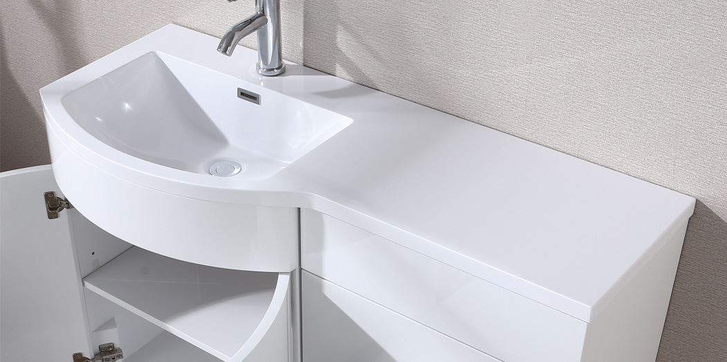 Dene 1100 mm White P Shape Bathroom LH Vanity Suite Unit BTW Toilet White Square