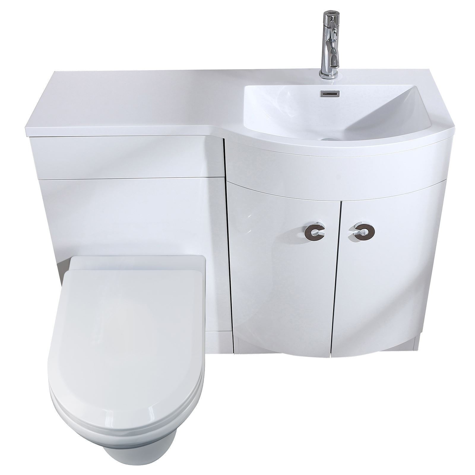 Dene 1100 mm White P Shape Bathroom RH Vanity Suite Unit BTW Toilet White Square