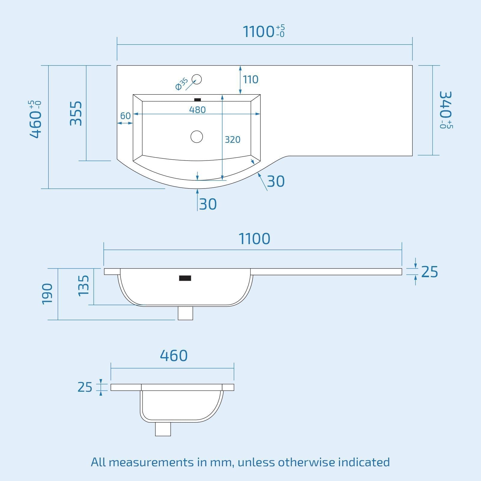 Dene 1100 mm White P Shape Bathroom LH Vanity Suite Unit BTW Toilet White Square