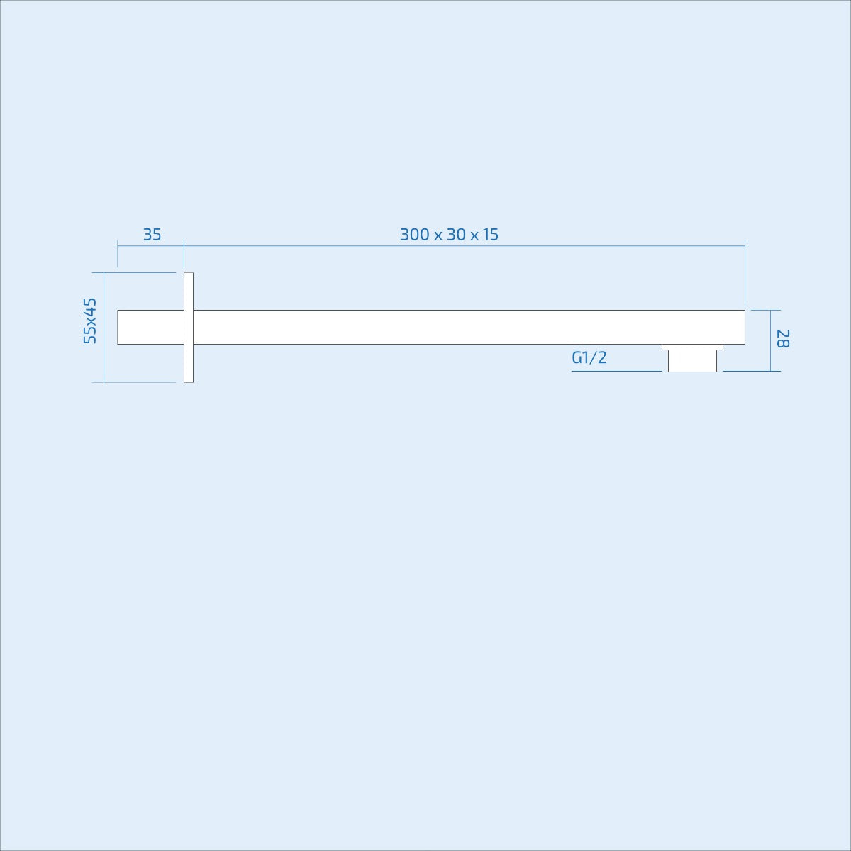 Dunn 250mm Thin Square Brass Rectangle Swivel Shower Head Wall Arm Chrome