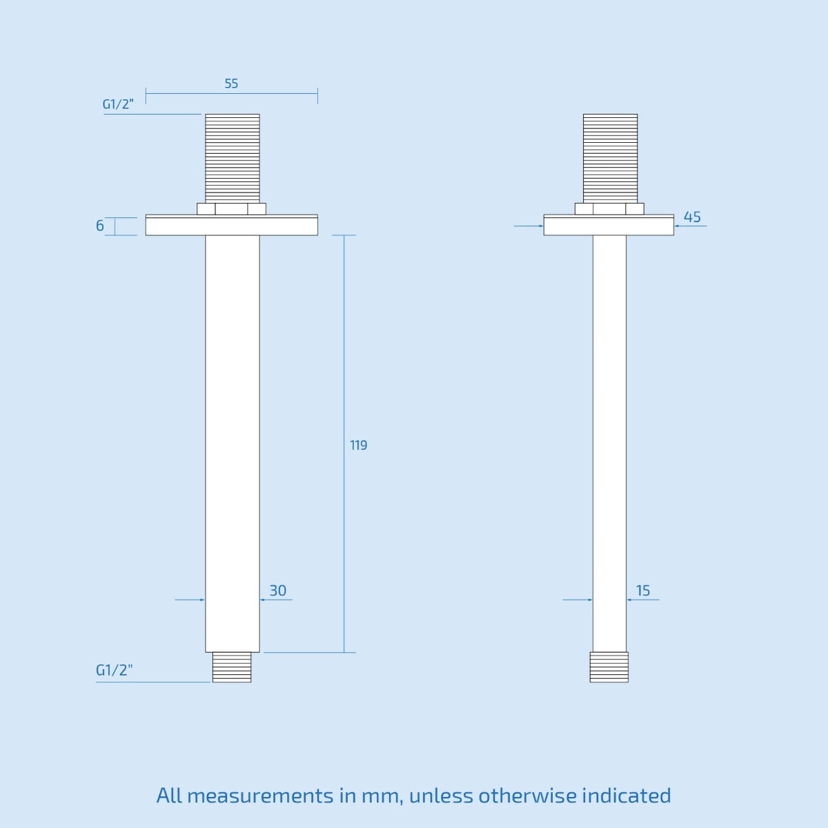 Dunn 250 mm Chrome Thin Square Brass Rectangle Swivel Shower Head Overhead + 119 mm Ceiling Arm