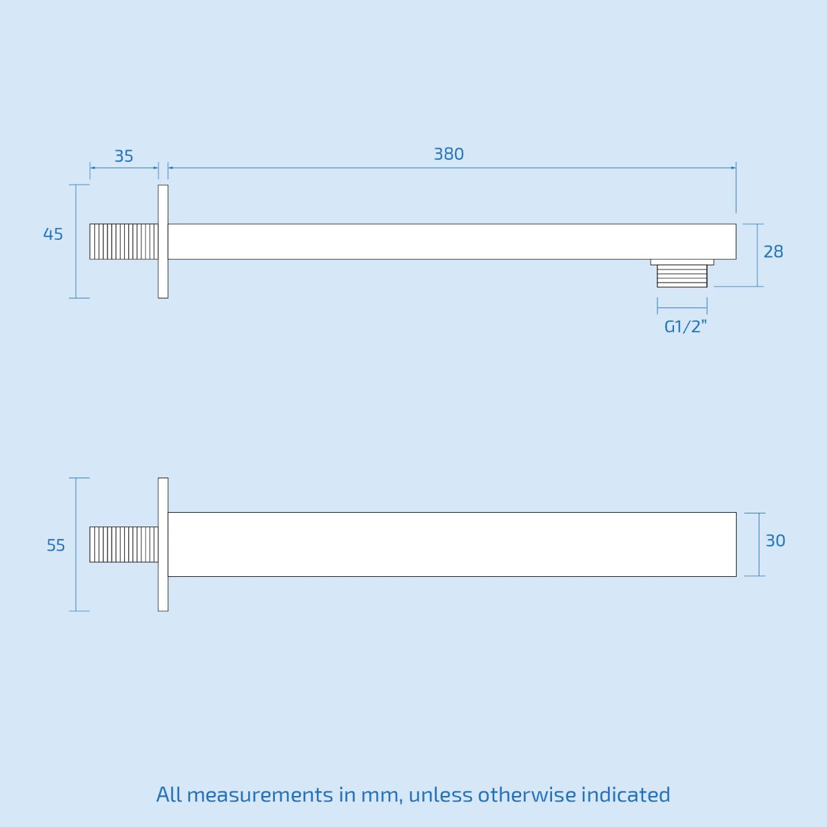Dunn 250mm Chrome Thin Square Brass Rectangle Swivel Shower Head + 380mm Wall Arm