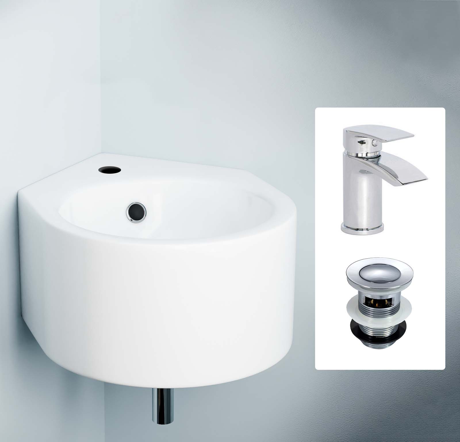 Libra Corner Wall Hung Basin Sink with Mono Waterfall Tap and Waste