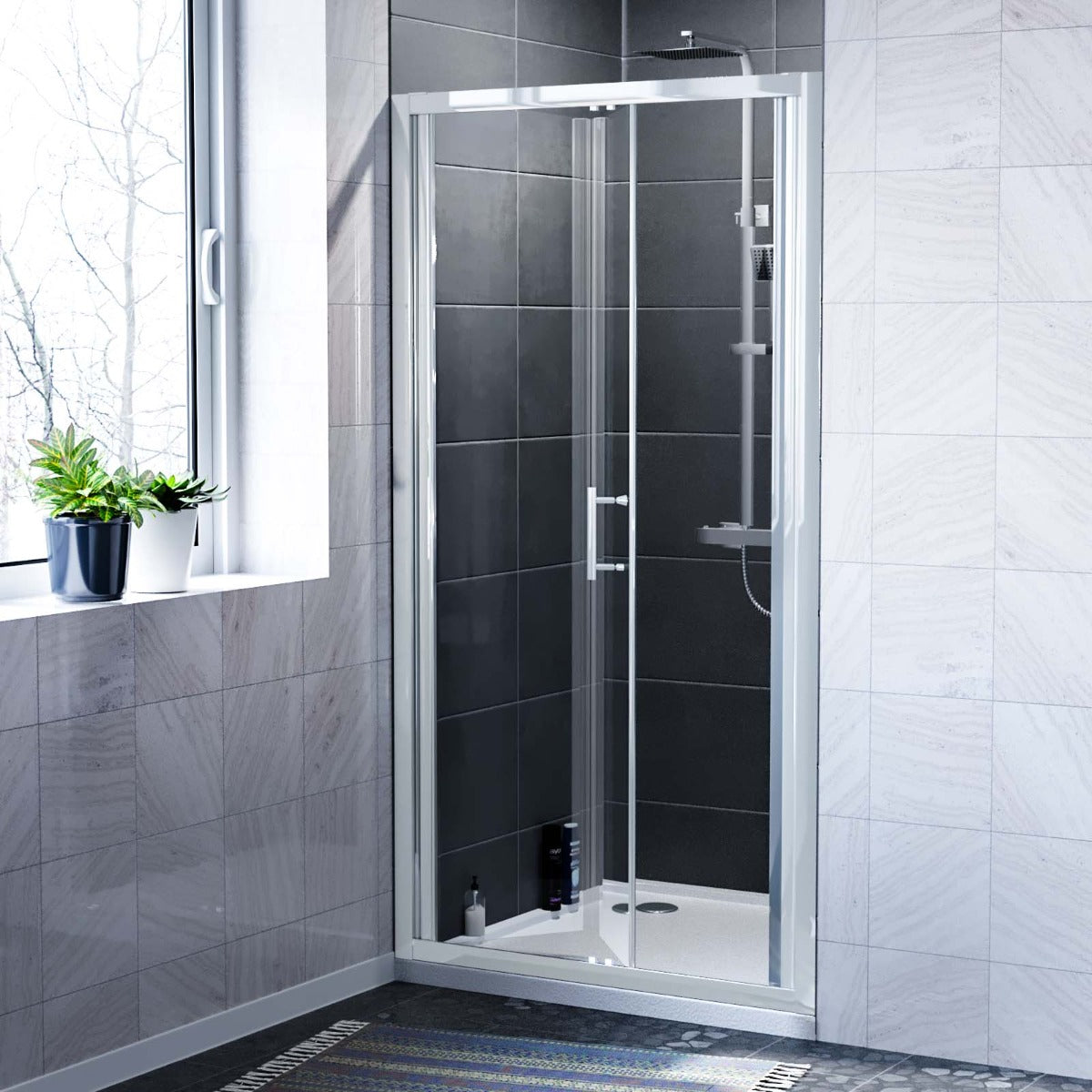 Bi Fold 1000 x 900mm Chrome Framed Shower Door Enclosure 6mm Tempered Glass, Tray & Waste