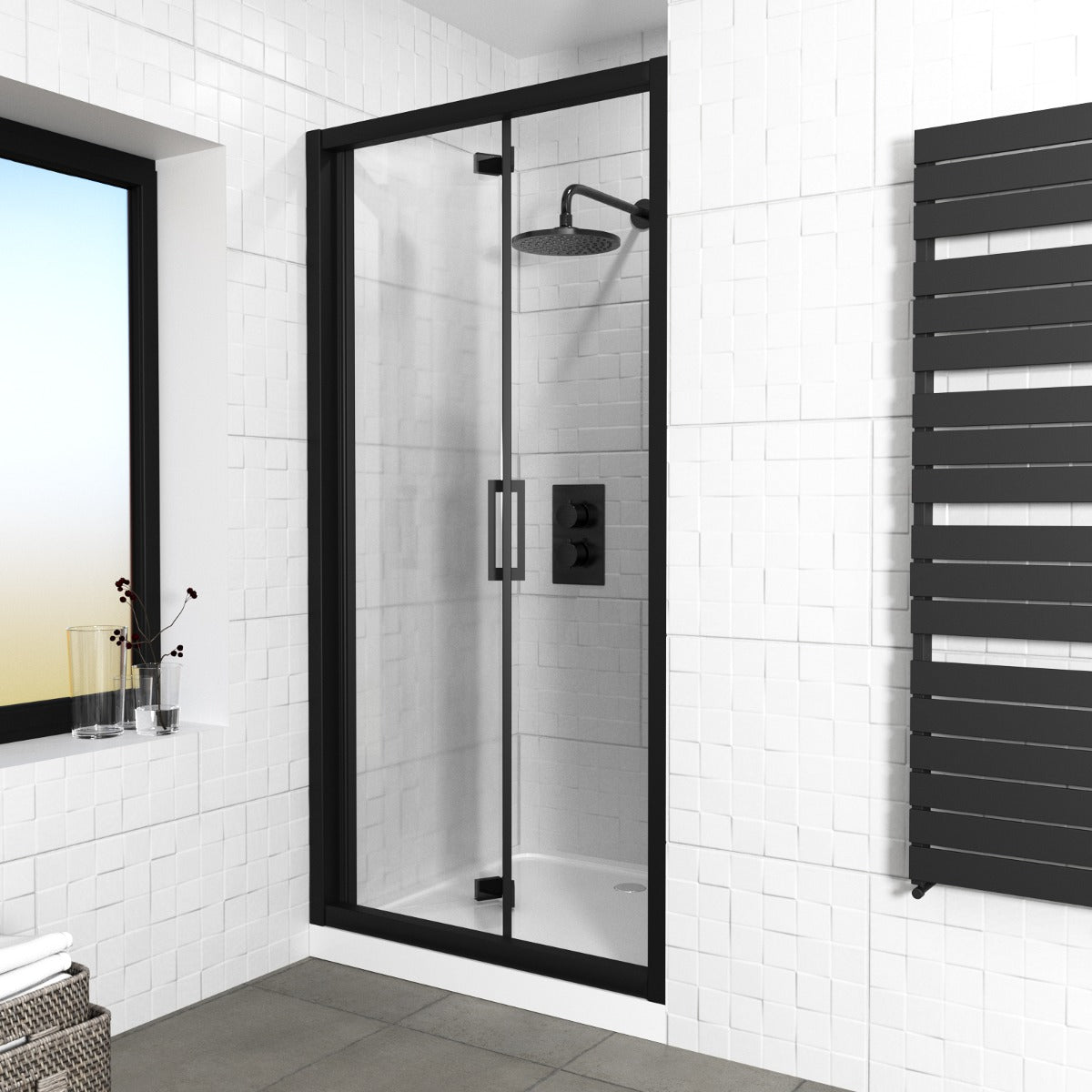 Kim Matte Black Walk In Bi Folding Shower Tempered Glass Door Screen Panel
