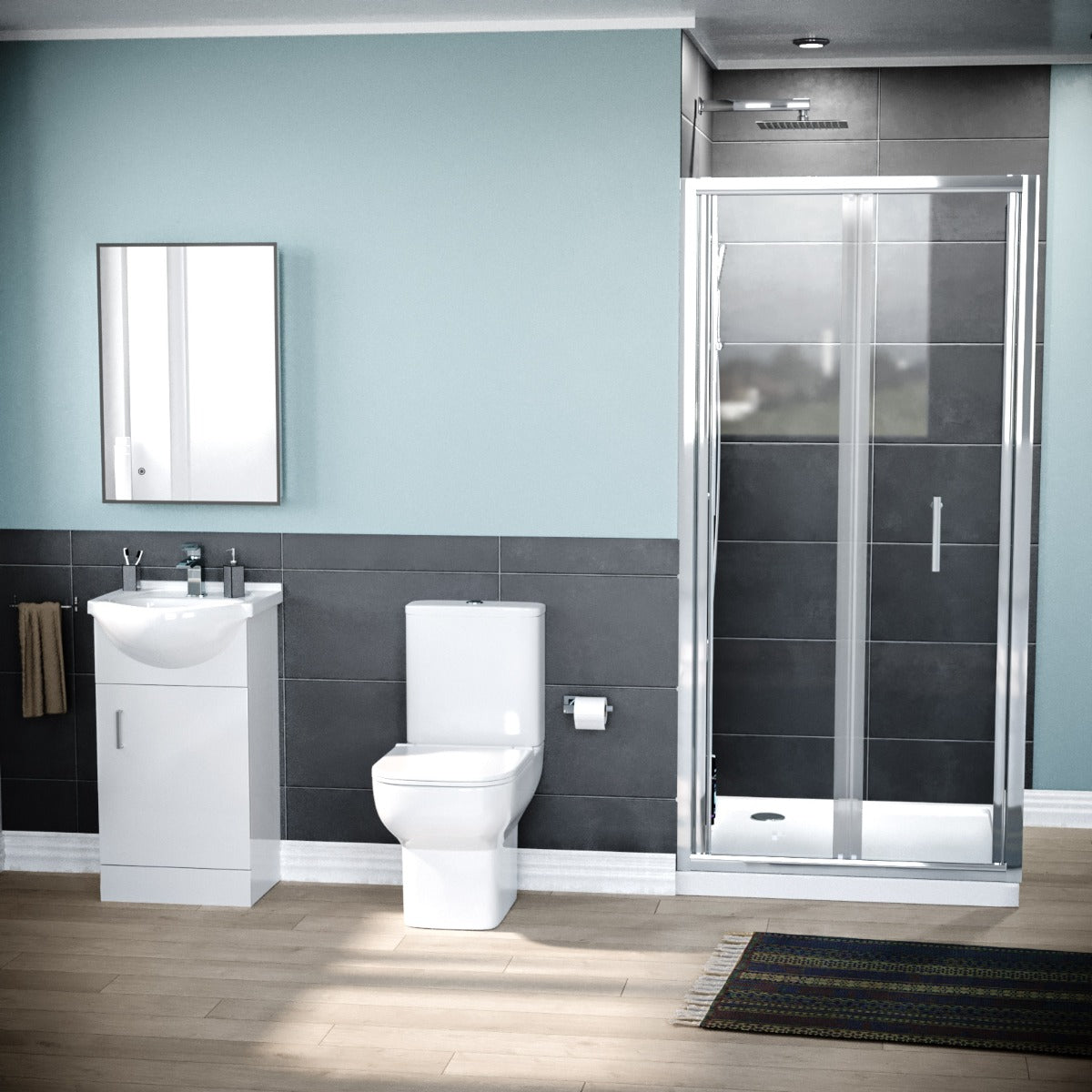 Ellen 900 x 760mm mm Shower Enclosure Side Panel White Vanity Unit & Toilet Set