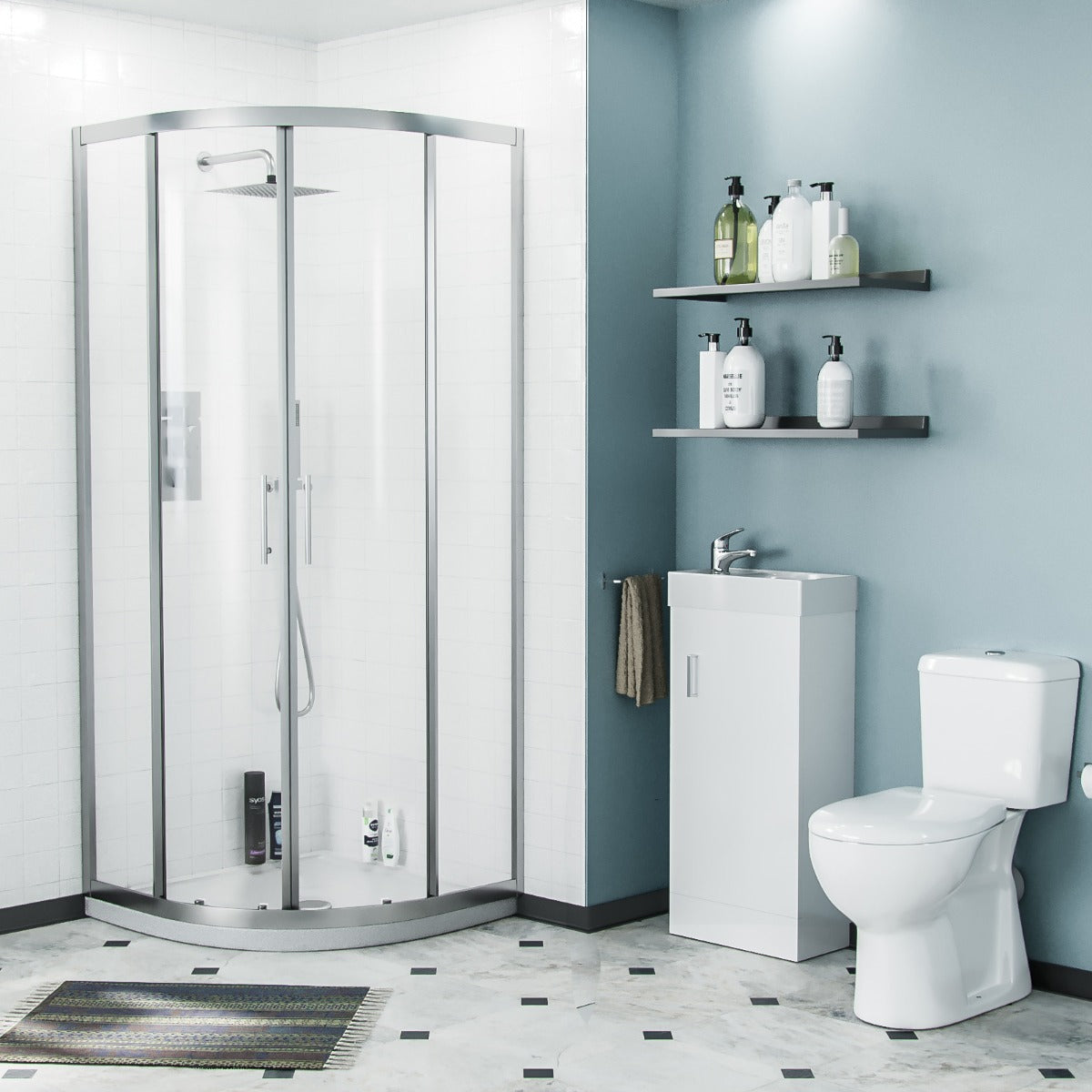 Nanuya 800mm Quadrant Shower Enclosure with Tray Close Coupled WC Toilet Floorstanding 400 mm Vanity