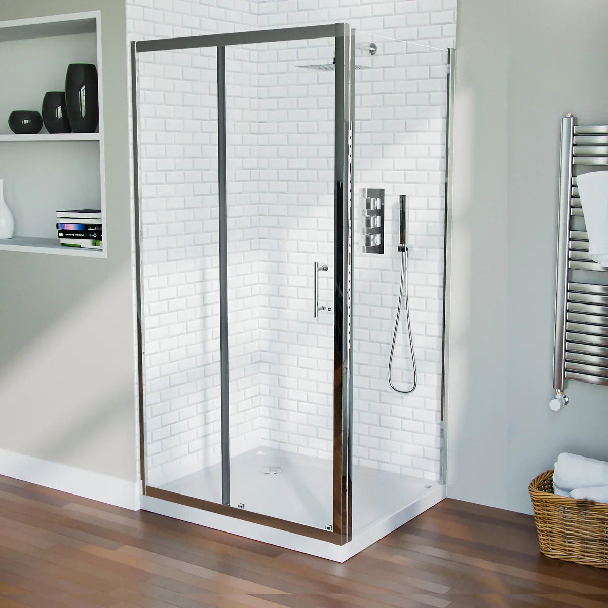 Sliding Shower Door Enclosure with Frameless Glass Panel Screen & Tray