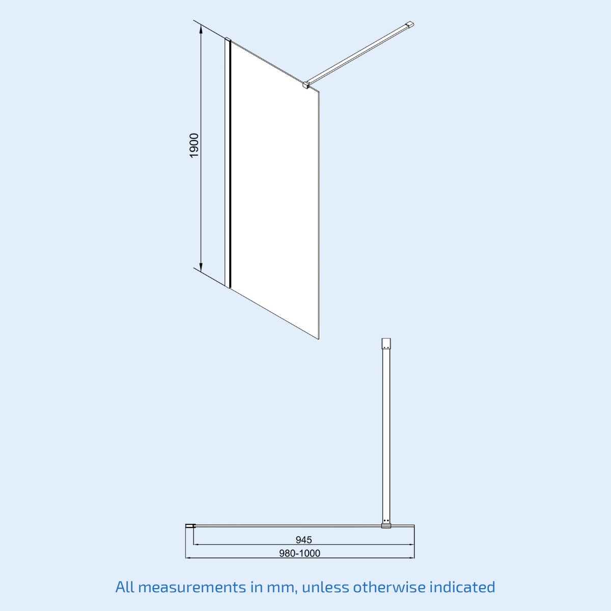 Magna Black 1000mm Wet Room Shower 8mm Tempered Glass Screen With 300mm Flipper Panel