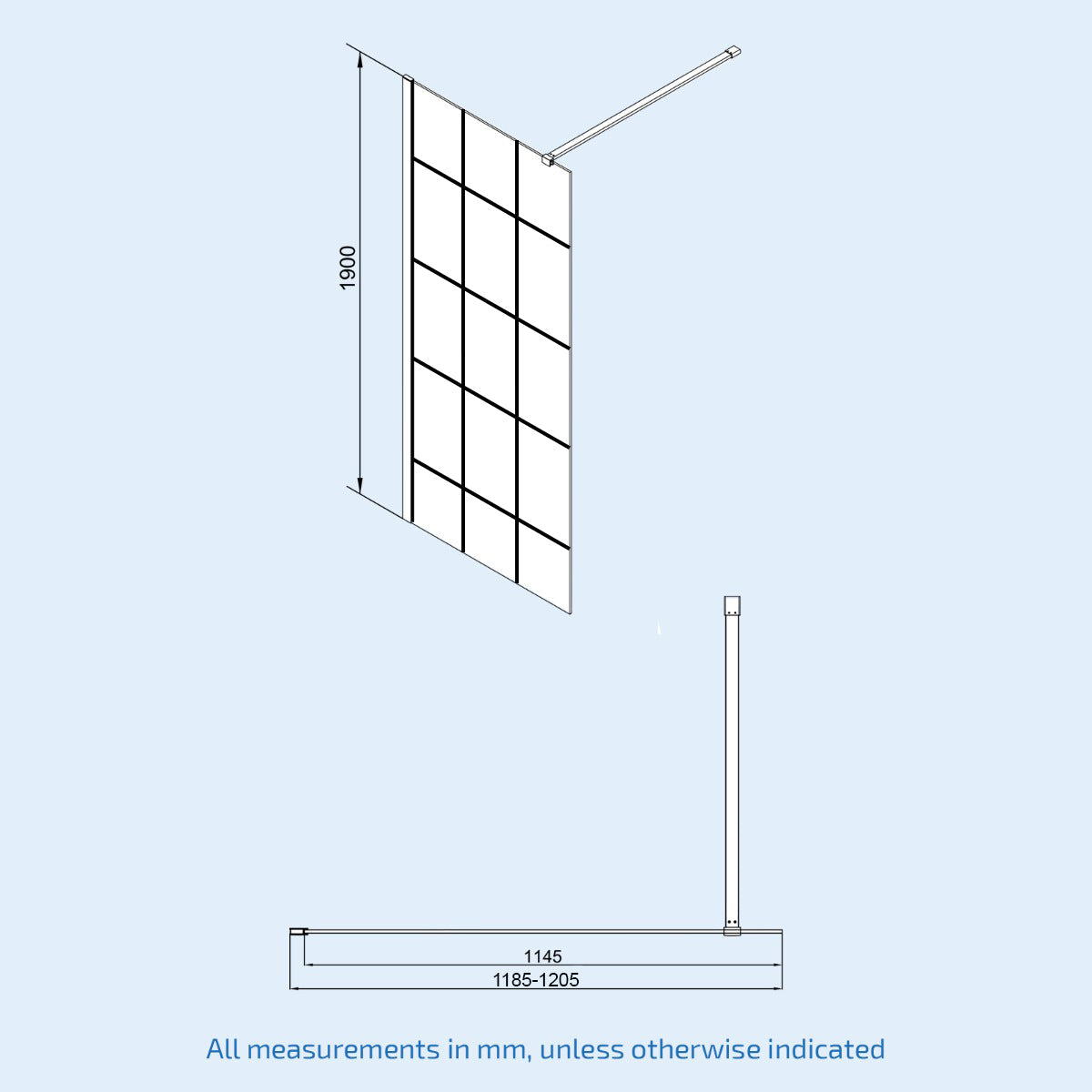 Black grid 8mm framed walk-in shower enclosure with support bar 1200 mm image # Options_1200 mm