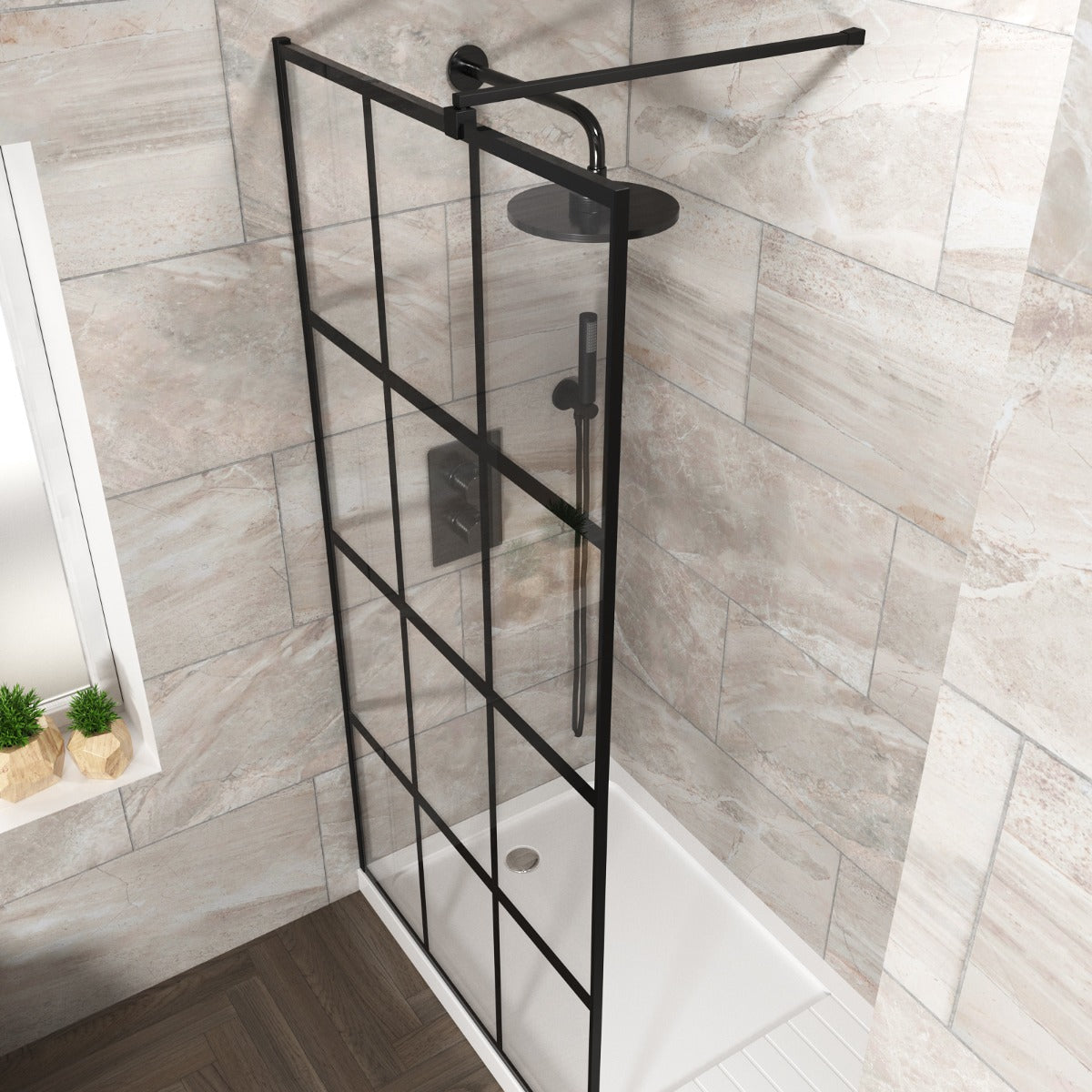 Stanley 1000mm Black Grid Framed Walk-In Shower Enclosure with Support Bar