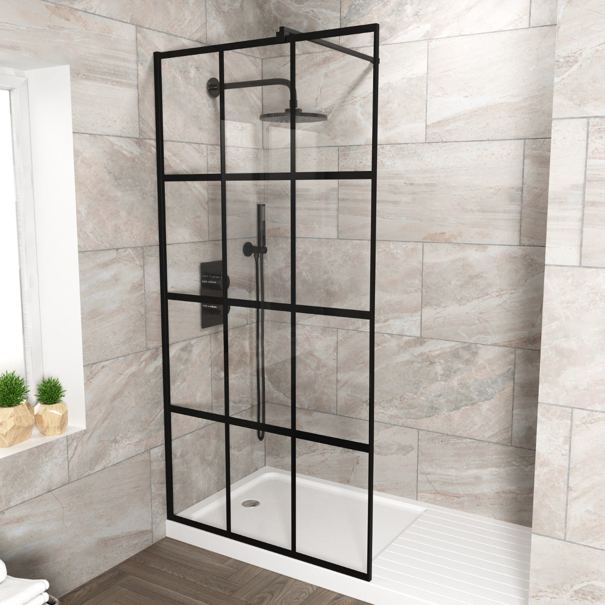 Stanley 1000mm Black Grid Framed Walk-In Shower Enclosure with Support Bar
