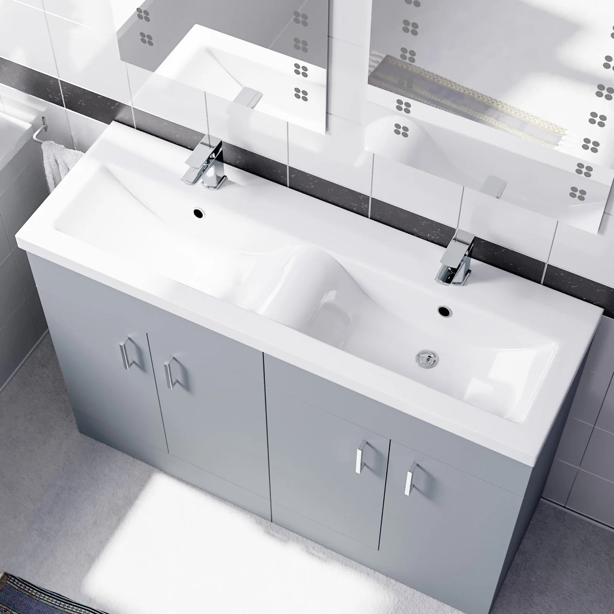 Set of 2 Floorstanding 600mm Vanity & Ceramic Mid Edge Twin Basin - Matte Grey
