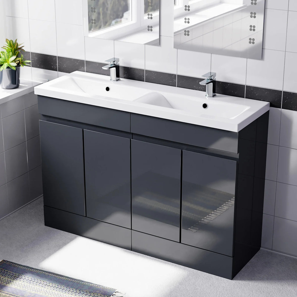 Set of 2 PVC Freestanding 600mm Cabinet & Ceramic Mid Edge Twin Basin - Anthracite
