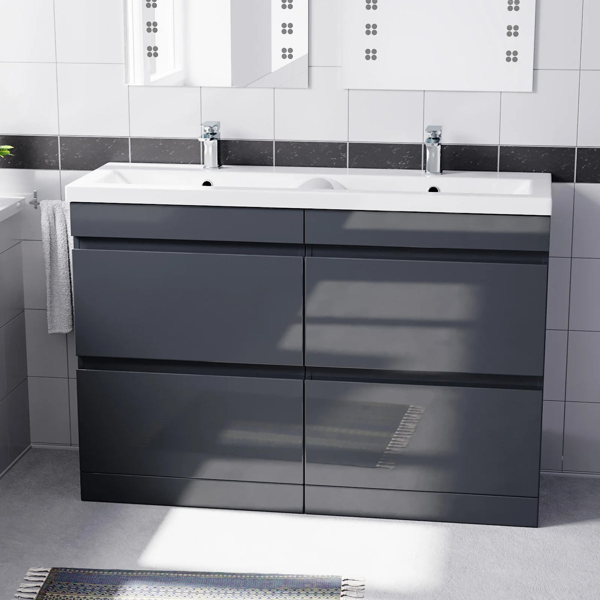Set of 2 PVC Freestanding 600mm Vanity With Ceramic Mid Edge Twin Basin - Anthracite