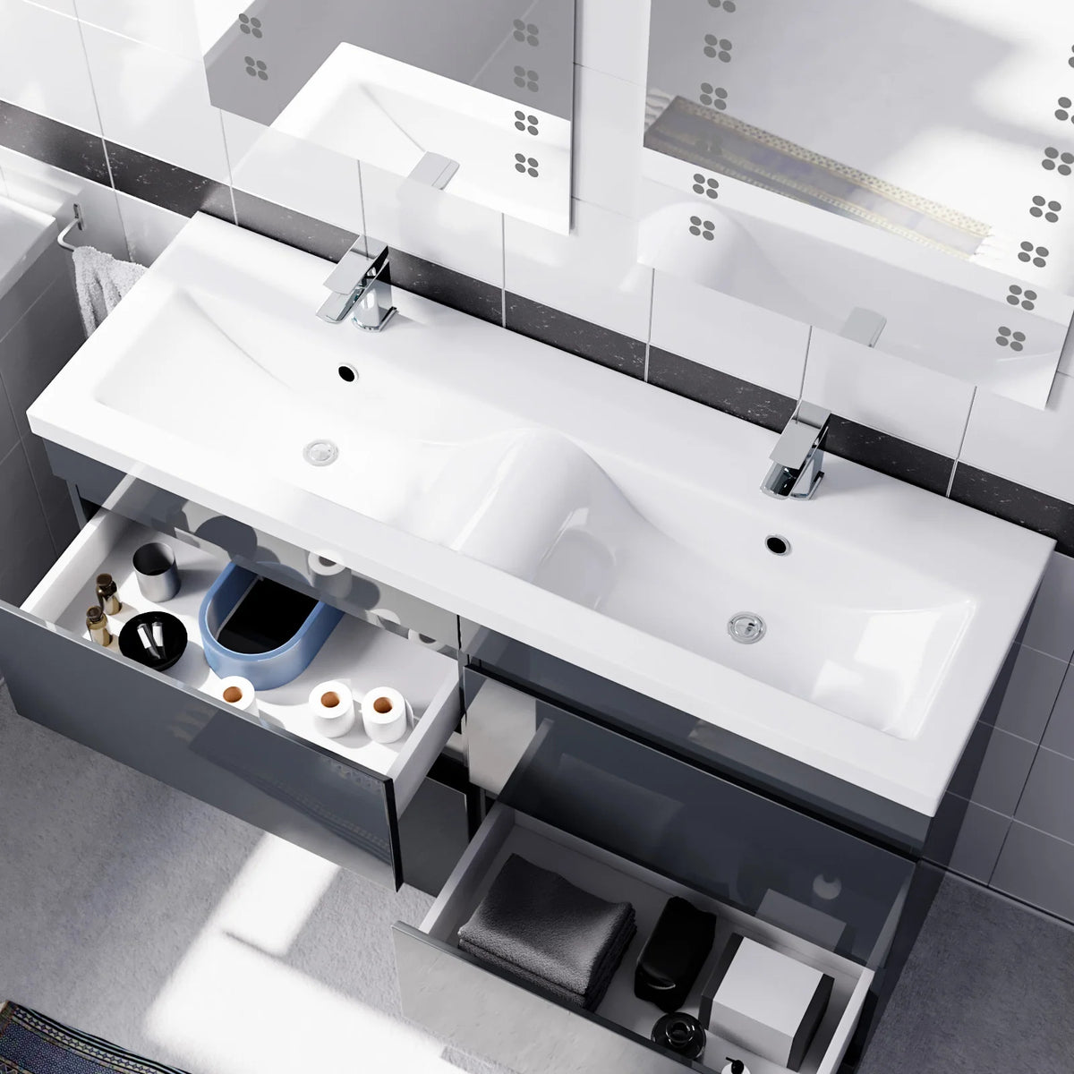 Set of 2 PVC Freestanding 600mm Vanity With Ceramic Mid Edge Twin Basin - Anthracite