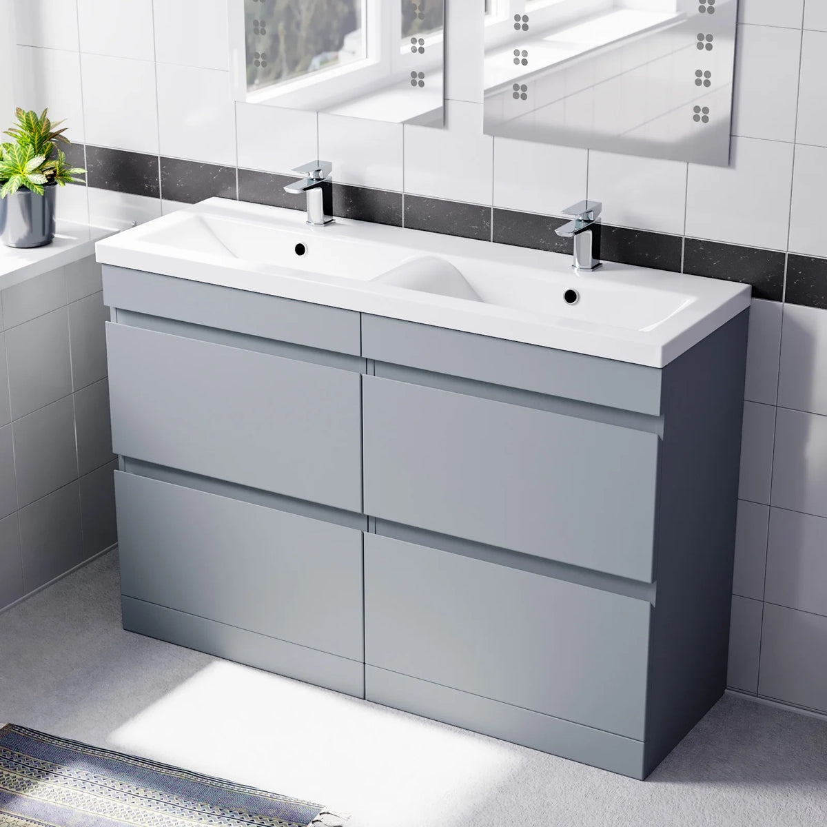Set of 2 PVC Freestanding 600mm Vanity With Ceramic Mid Edge Twin Basin - Matte Grey