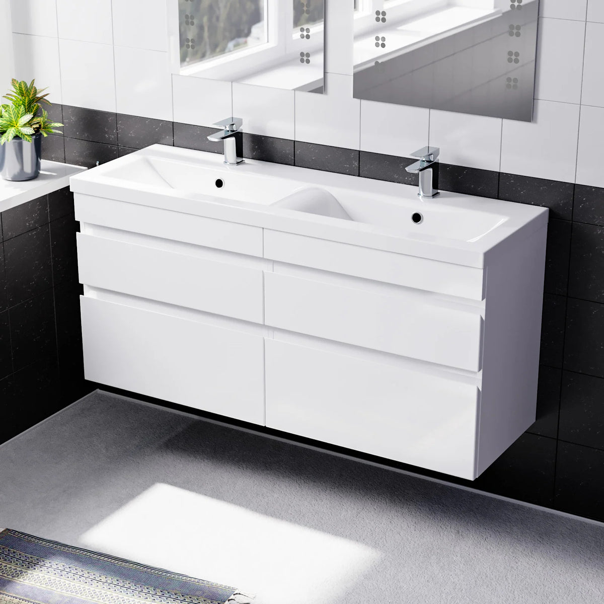 Set of 2 Wall Hung 600mm Drawers Vanity With Mid Edge Twin Basin - White