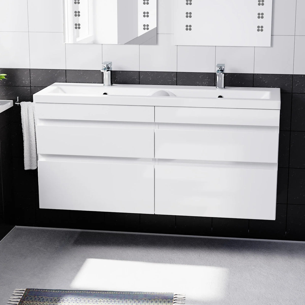 Set of 2 Wall Hung 600mm Drawers Vanity With Mid Edge Twin Basin - White