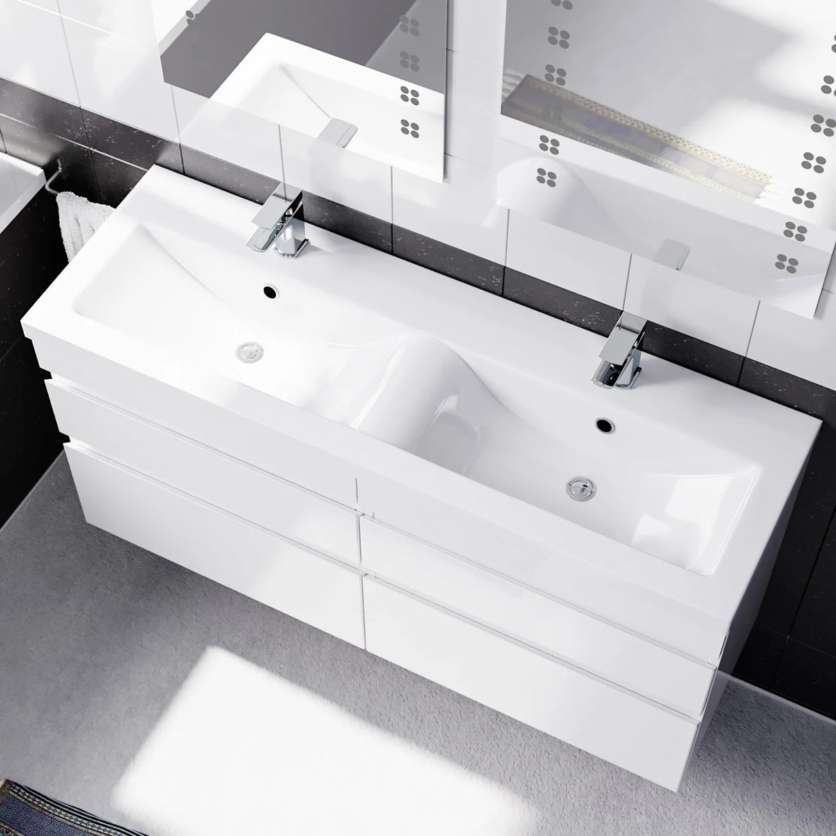 Set of 2 Wall Hung 600mm Drawers Vanity With Mid Edge Twin Basin - White