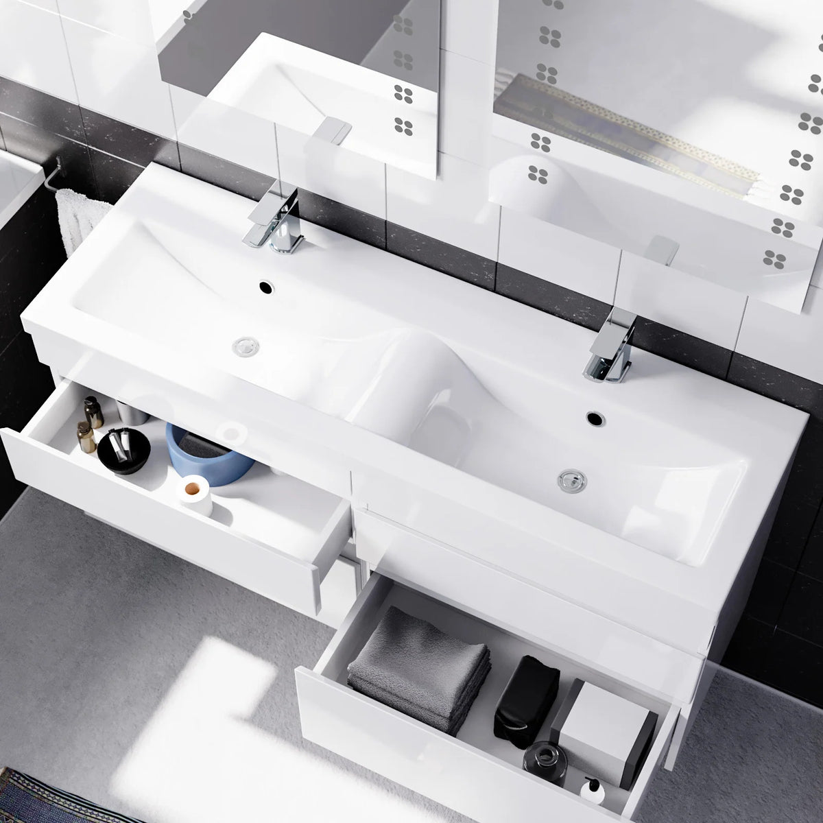 Set of 2 Wall Hung 600mm Drawers Vanity With Mid Edge Twin Basin - White
