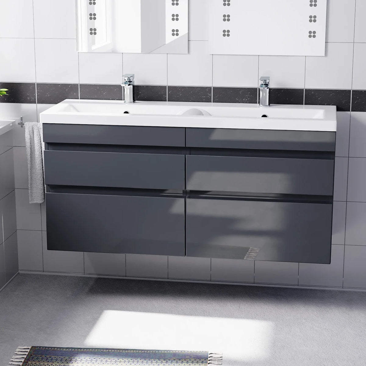 Set of 2 PVC Wall Hung 600mm Vanity & Ceramic Mid Edge Twin Basin - Anthracite