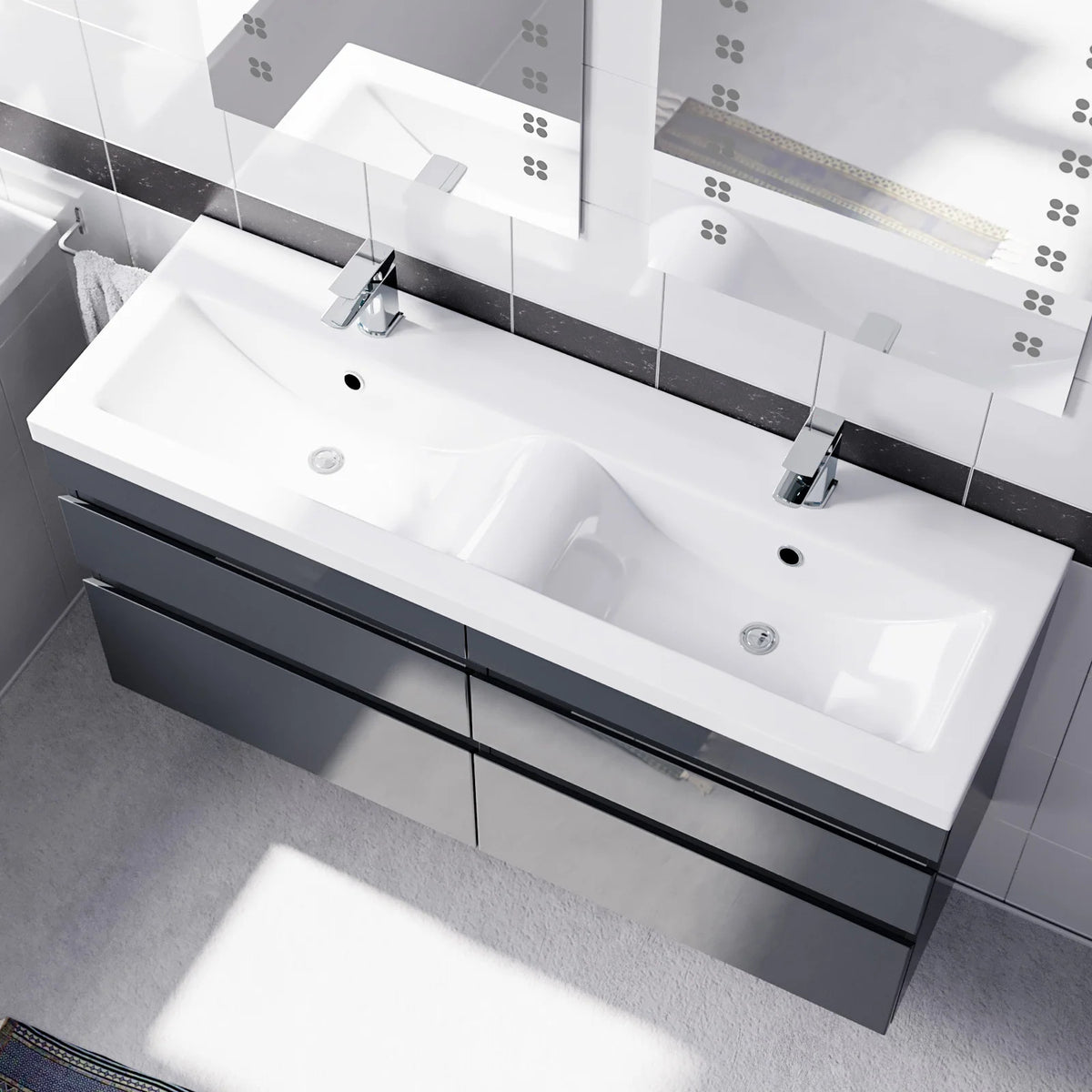 Set of 2 PVC Wall Hung 600mm Vanity & Ceramic Mid Edge Twin Basin - Anthracite