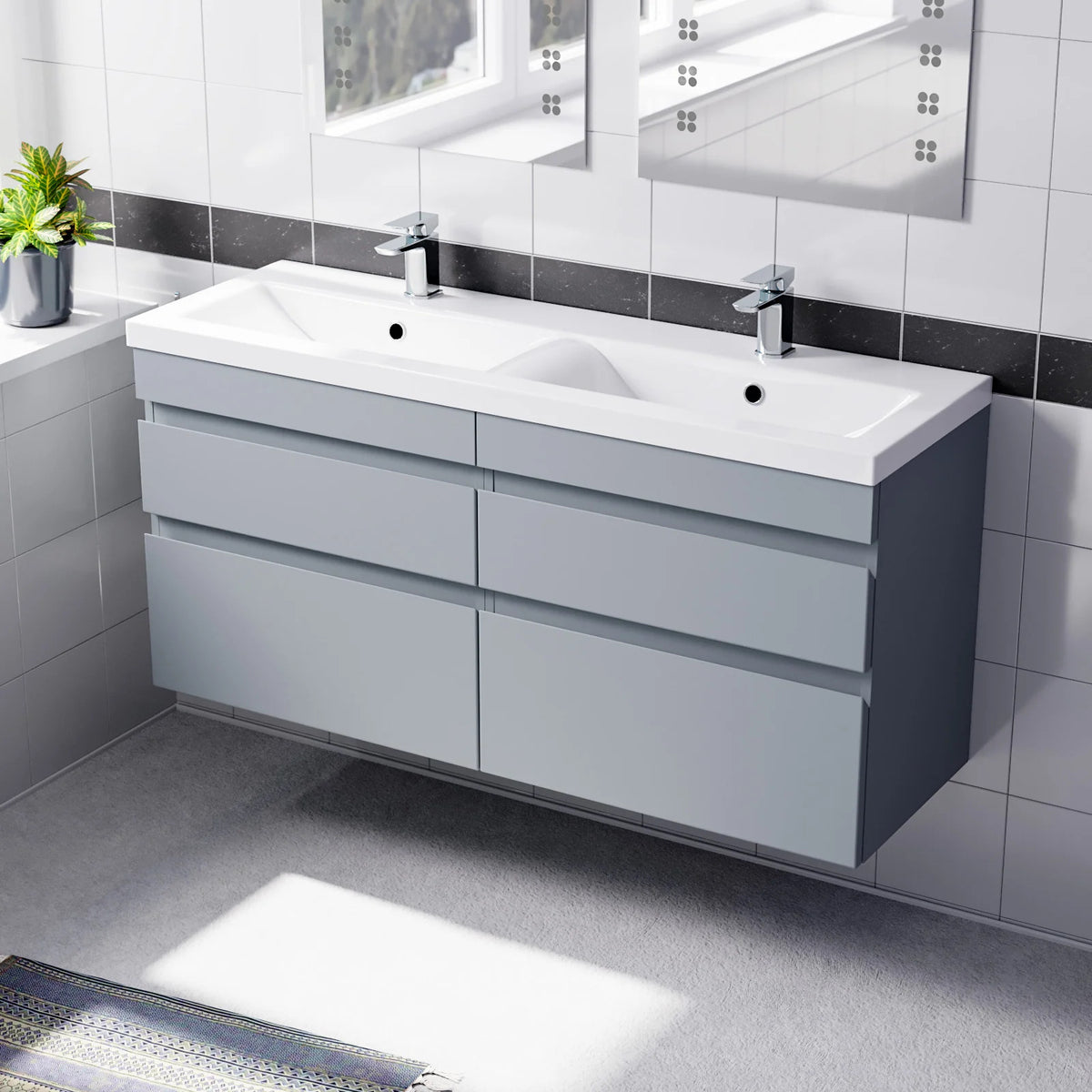 Set of 2 PVC Wall Hung 600mm Vanity & Ceramic Mid Edge Twin Basin - Matte Grey