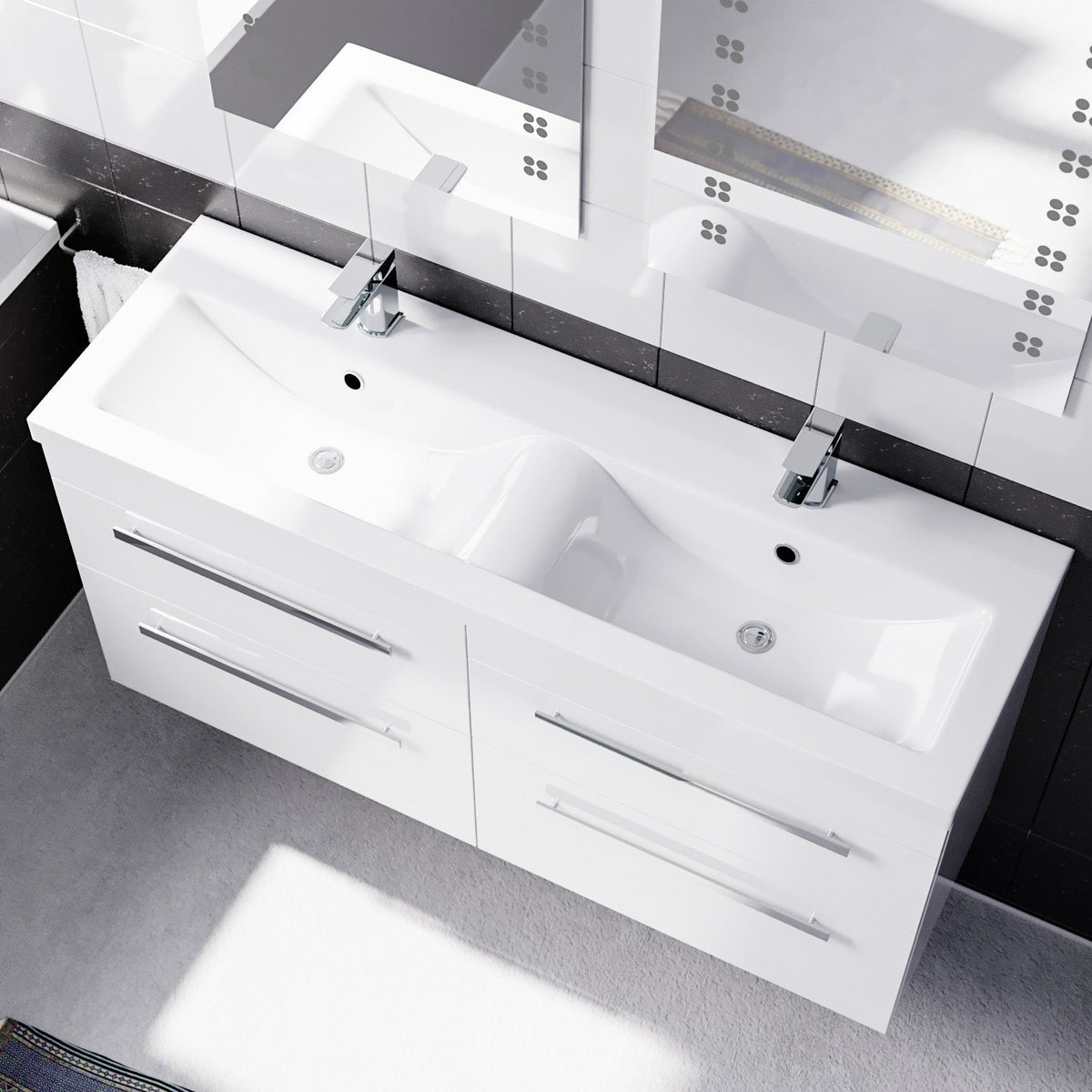 Set of 2 Wall Hung 600mm Drawers Cabinet with Ceramic Mid-Edge Twin Basin - White