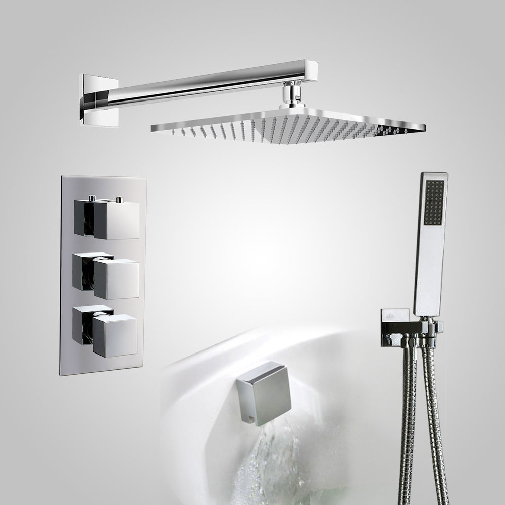 Lilly 3 Dial 3 Way Square Concealed Thermostatic Mixer Valve, Square Handset, Bath Filler & Shower Head Chrome