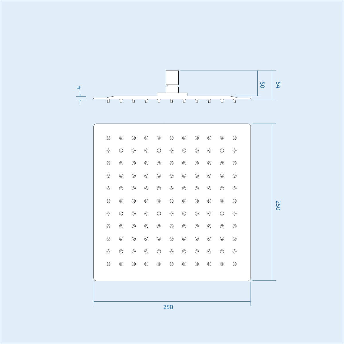 Dunn 250mm Chrome Thin Square Brass Rectangle Swivel Shower Head Overhead + Ceiling Arm