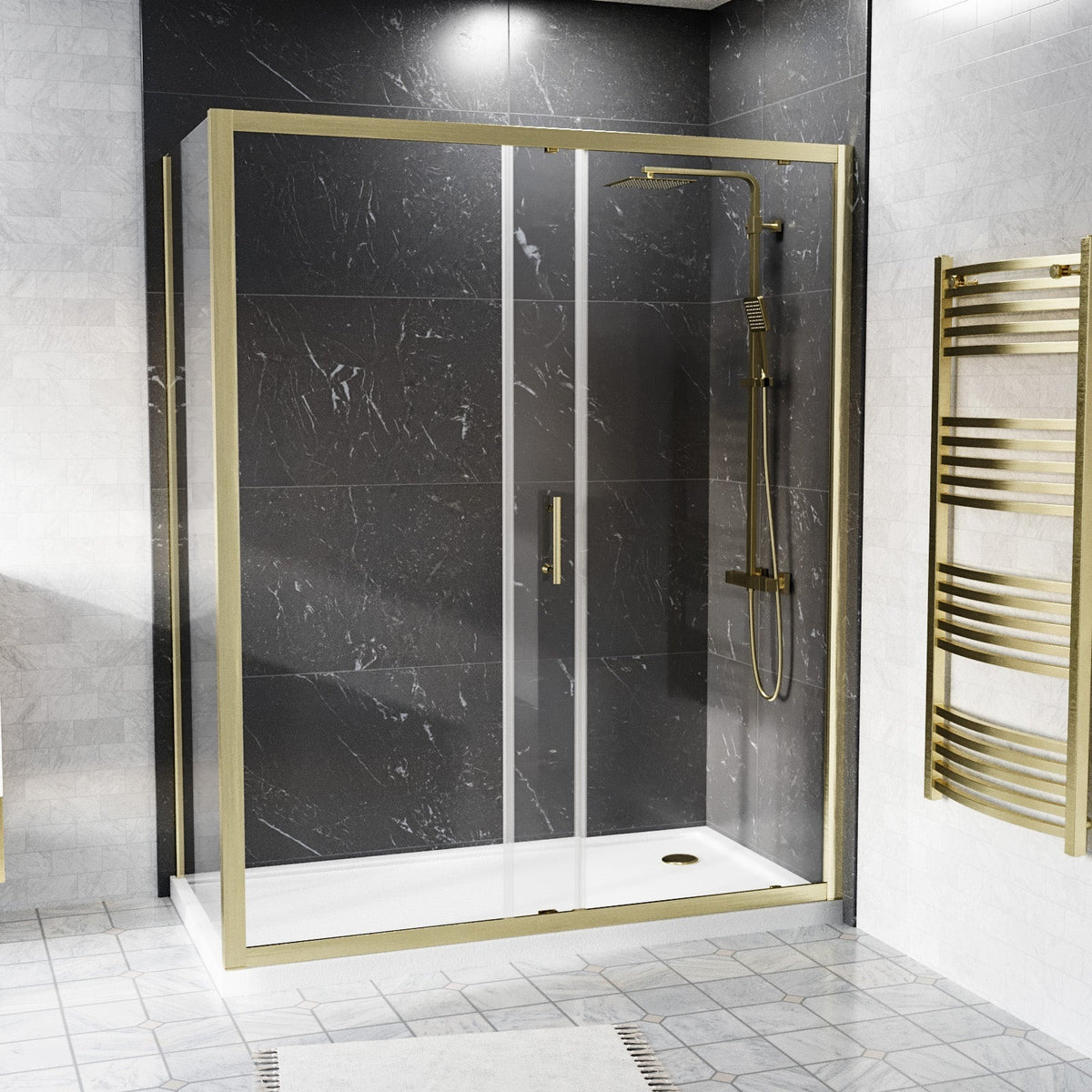 Shower 1700 x 1850mm Slider Door With 1000 x 1850mm Side Panel - Brushed Brass