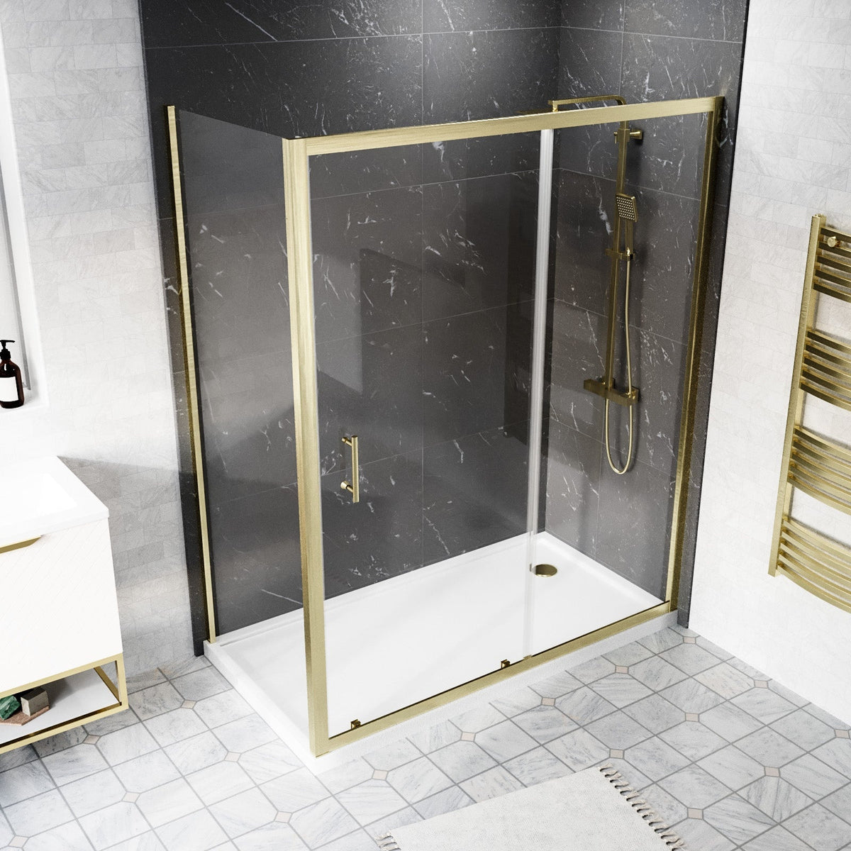 Shower 1300 x 1850mm Slider Door With 700 x 1850mm Side Panel - Brushed Brass