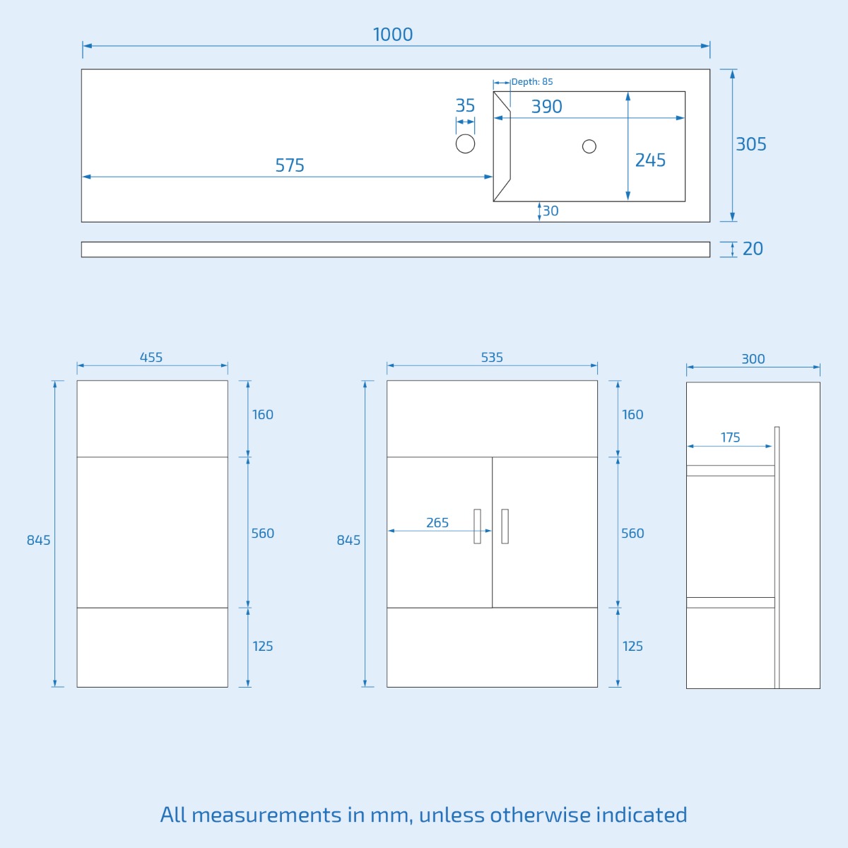 James 1000mm Slimline Floorstanding Vanity Basin and Elora Square Back to Wall Rimless Toilet White