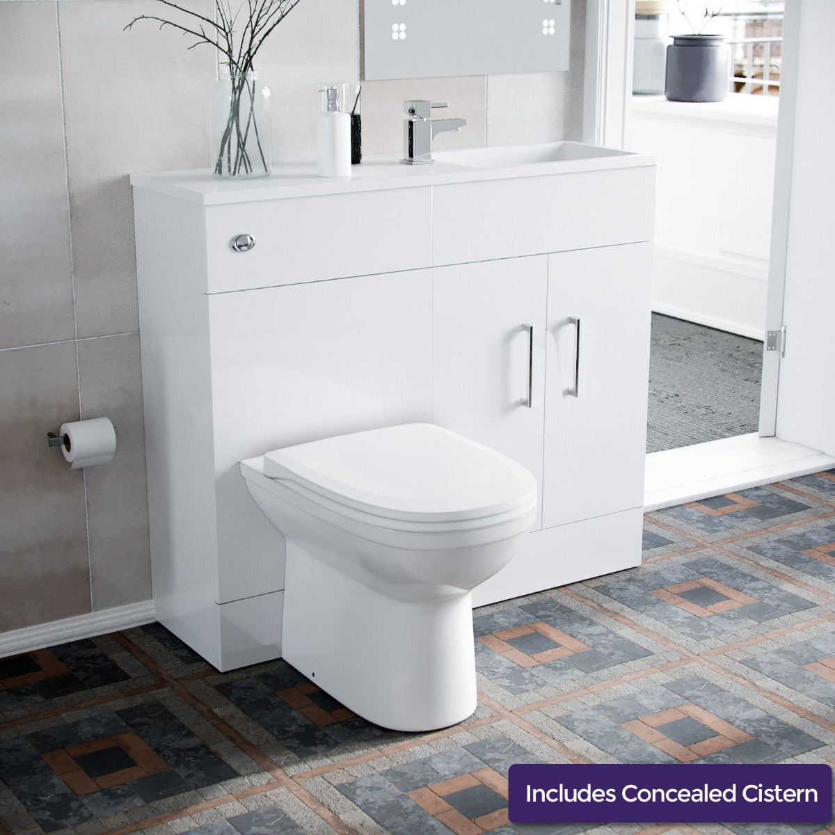 James 1000mm Slimline Floorstanding Vanity Basin and Welbourne White Back To Wall Modern Toilet White