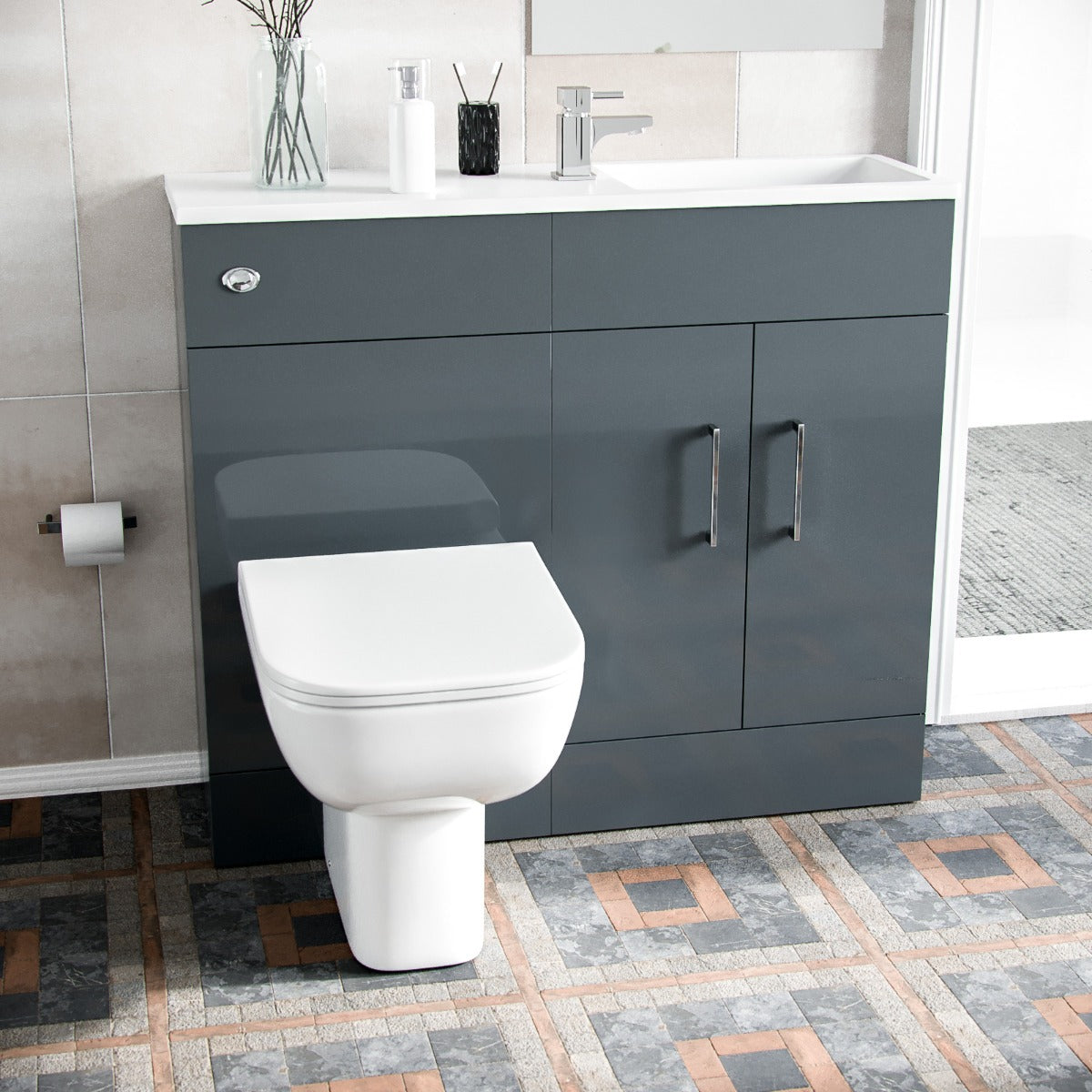 James 1000mm Grey Slimline Floorstanding Vanity Basin and Debra Rimless BTW Combo Unit