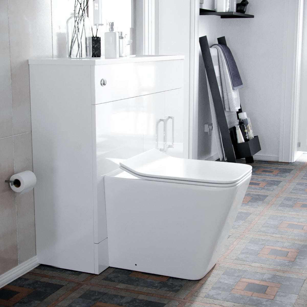 James 1000mm Slimline Floorstanding Vanity Basin and Elora Square Back to Wall Rimless Toilet White