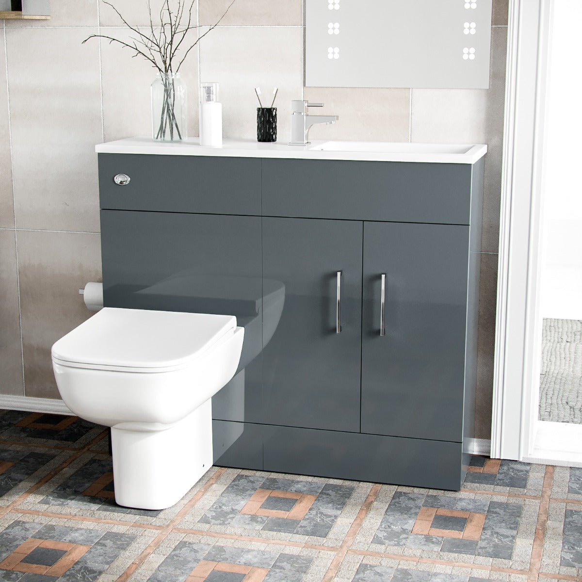 James 1000mm Grey Slimline Floorstanding Vanity Basin and Debra Rimless BTW Combo Unit