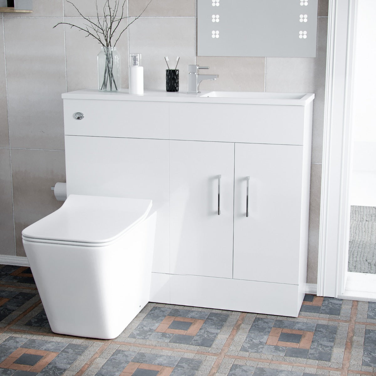 James 1000mm Slimline Floorstanding Vanity Basin and Elora Square Back to Wall Rimless Toilet White