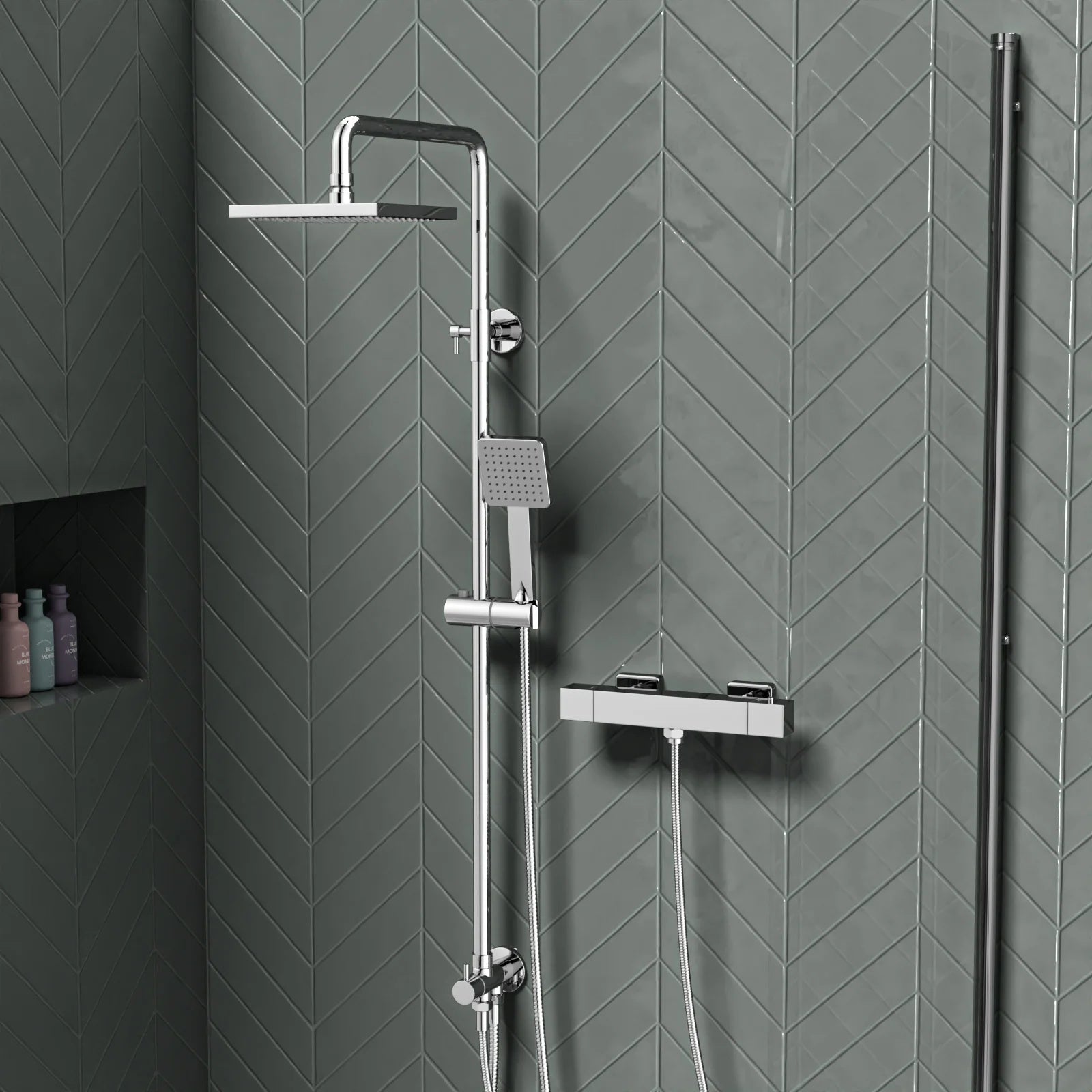 Square Exposed Shower Kit With Handset & Thermostatic Bar Valve - Chrome